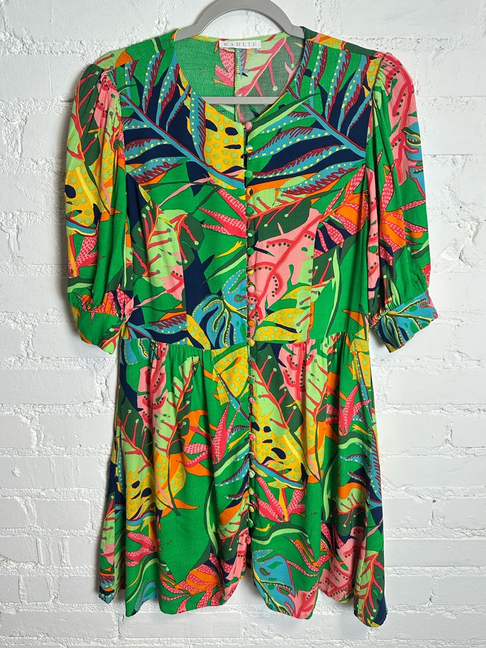 Karlie Vibrant Tropical Button-Front Colorful Mini Dress Large